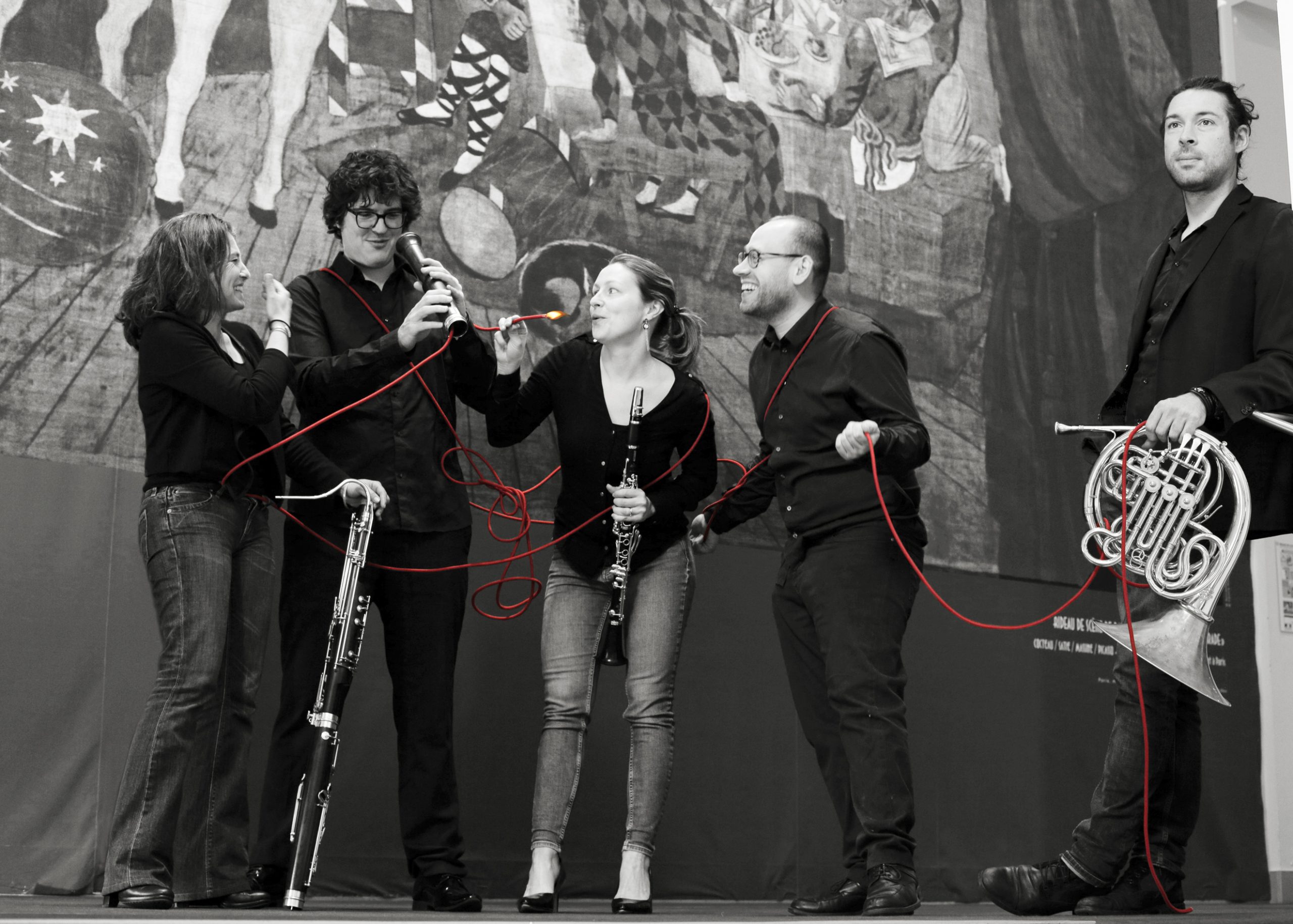 Les musiciens de ce concert d'ouverture. De gauche à droite : Estelle Richard, basson, Louis Seguin, hautbois, Floriane Tardy, clarinette, Jean-Sébastien Borsarello, piano, François Lugue, cor et piano.