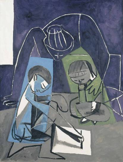 "Claude dessinant, Françoise et Paloma" 1954